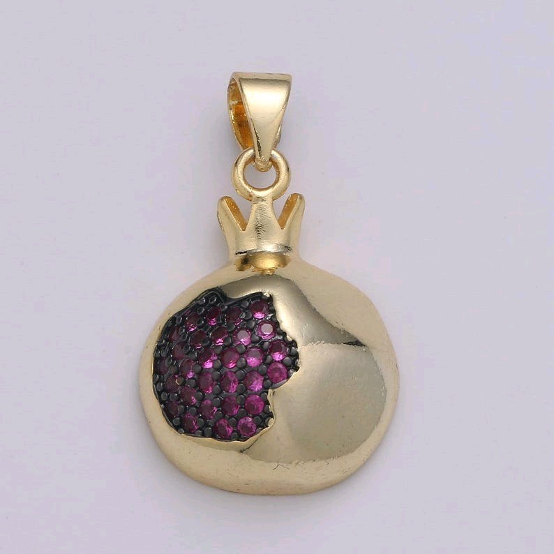 24k Gold Filled Pomegranate Fruit Charm, Purple Seed and Green Leaf Dainty Penda