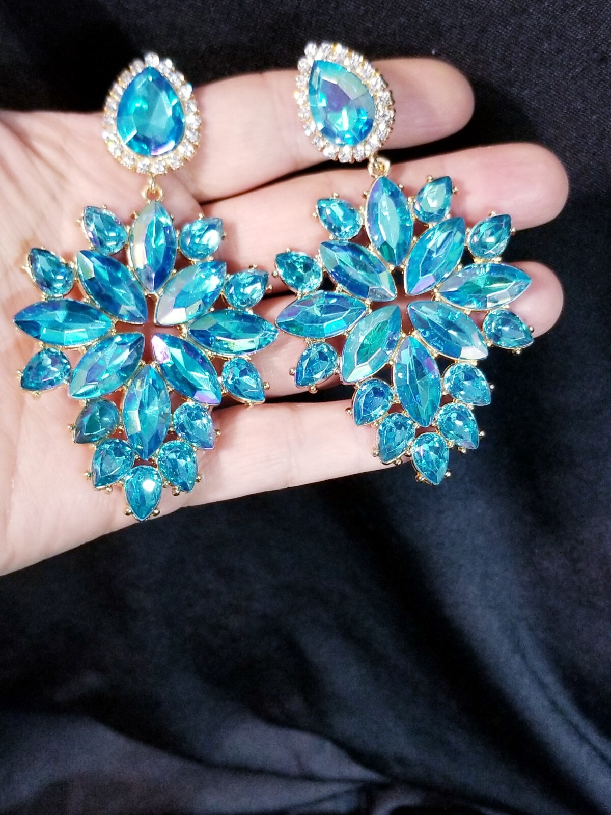 Aqua Crystal Bridesmaid Rhinestone Chandelier Drop Earrings 3.6 inch Jewelry