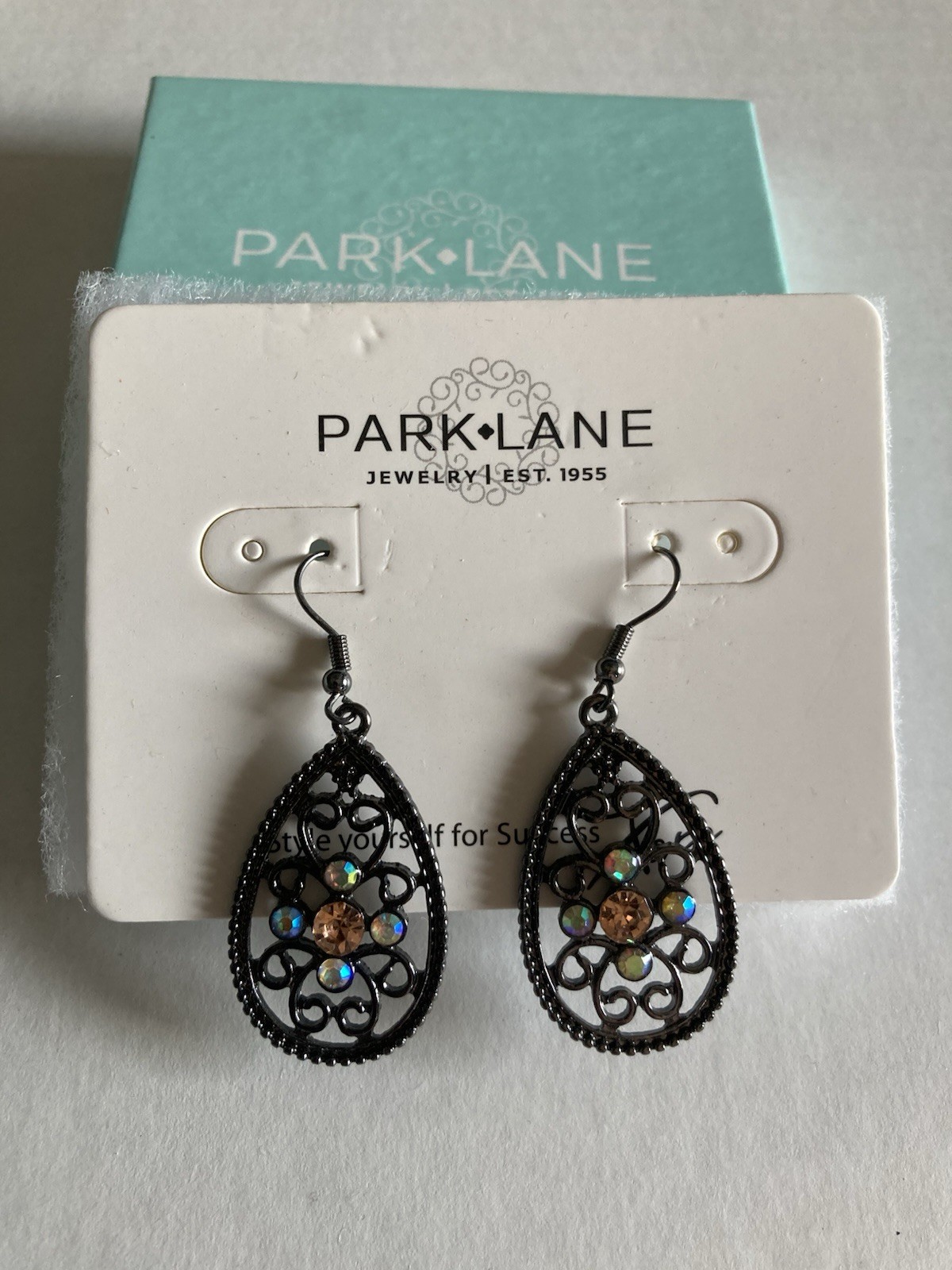 Park Lane DANGLE EARRINGS Black Swarovski Crystal Hematite Aurora Borealis New