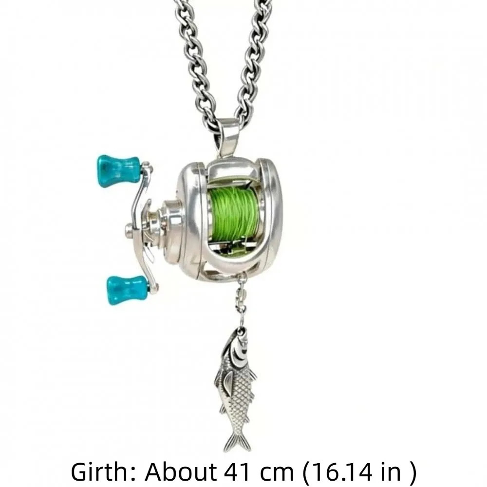 Silver Fishing Reel Necklace Mens Rotatable Detachable Pendant Unique Jewelry