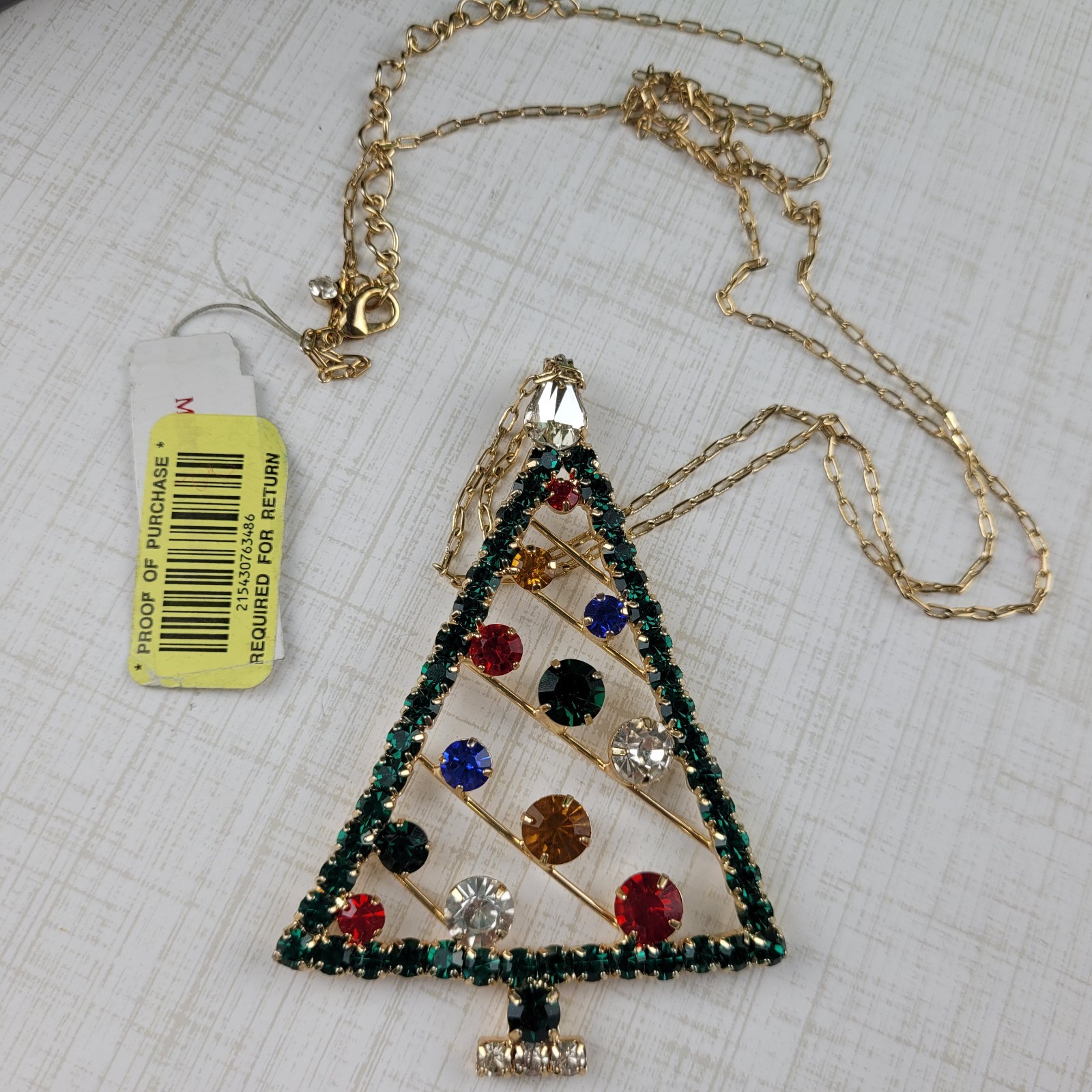 Large Rhinestone Christmas Tree Pendant Necklace Extra Long Chain 35″