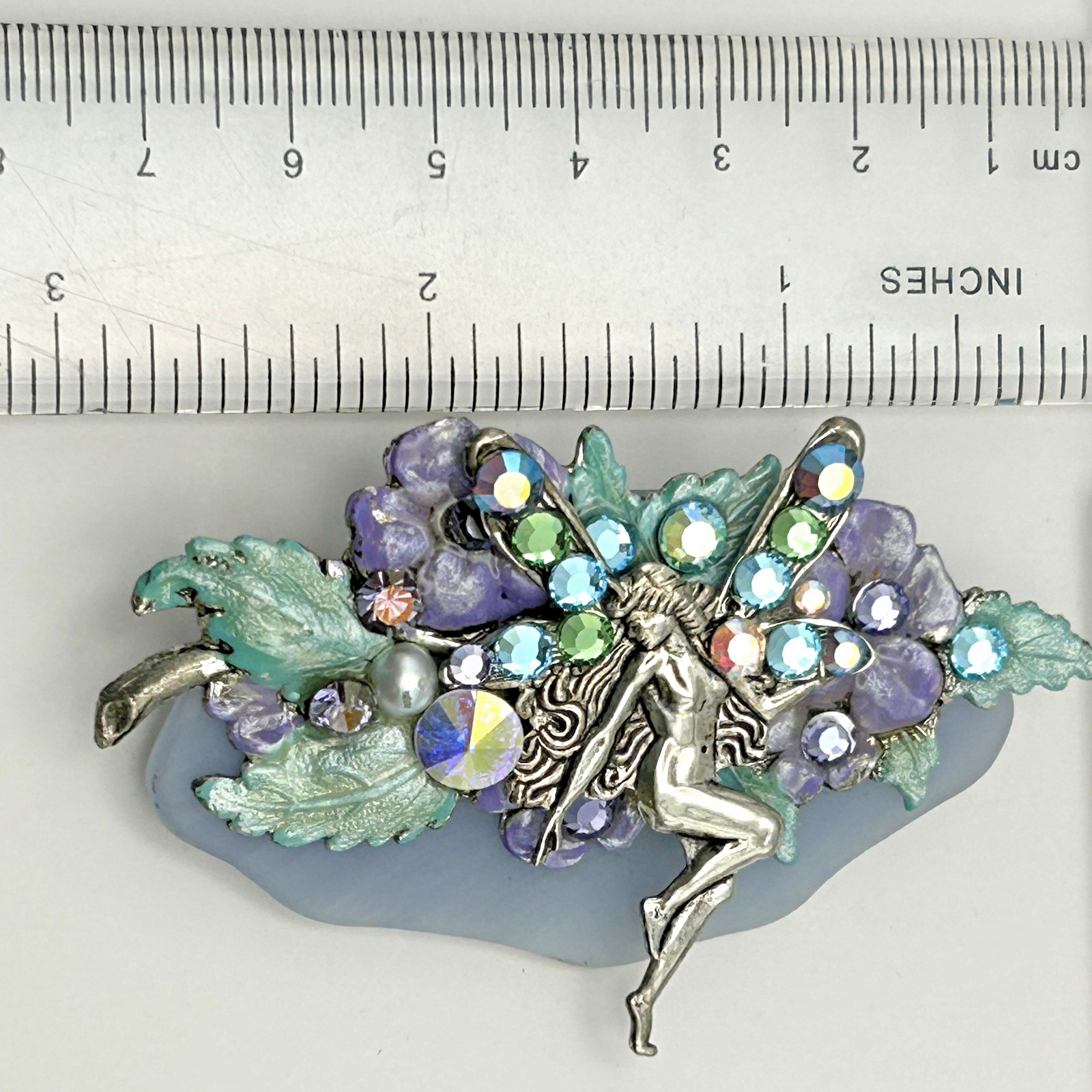 Fantasy Fairy Brooch AB Rhinestone Wings Flowers Leaves Whimsical Jewelry 2.5in
