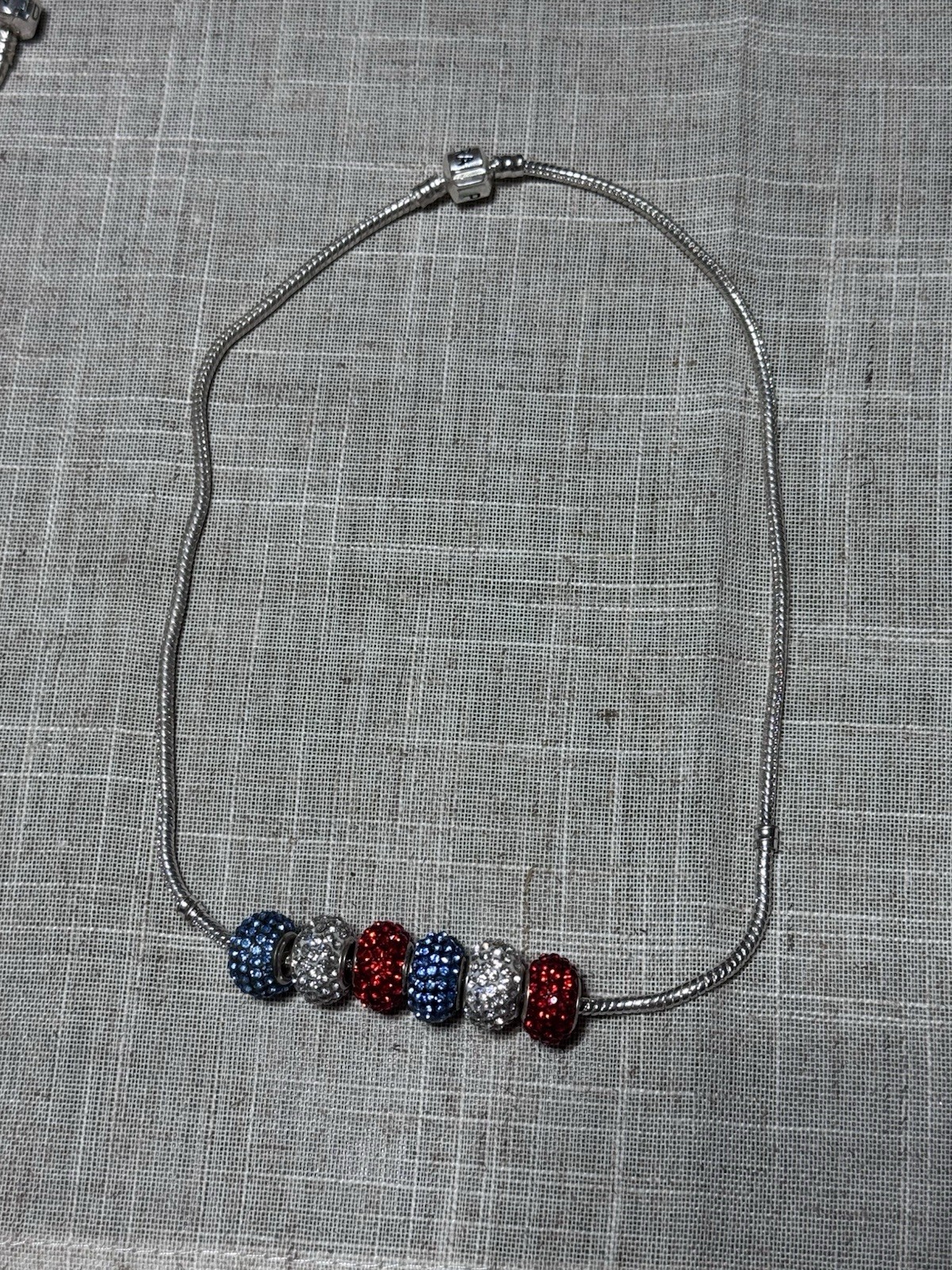 Silver Snake Chain Necklace & bracelet with red, white & blue beads