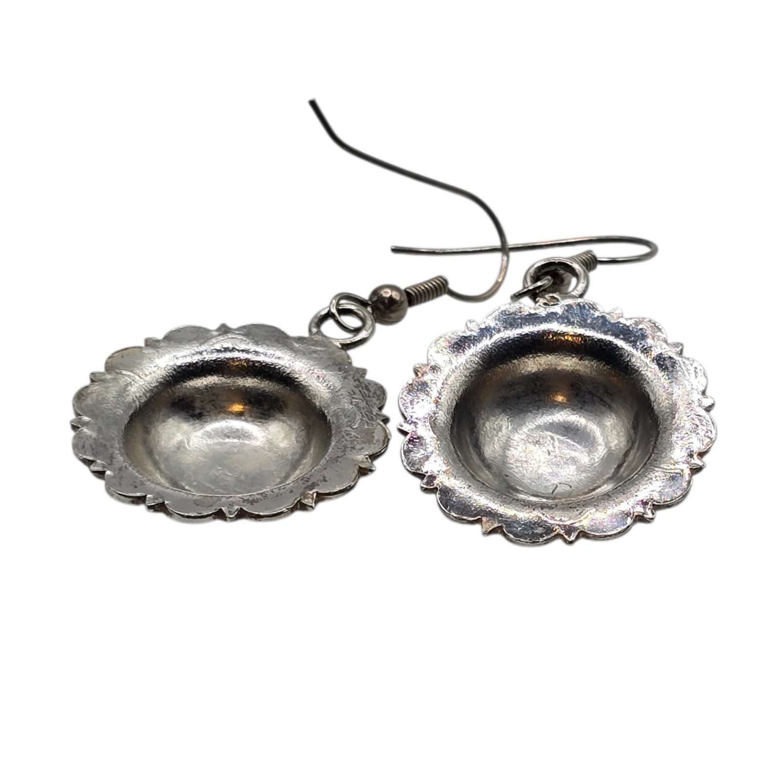 Earrings Raised Floral Repousse Design Dome Discs Scalloped Edged Pierced SK3164