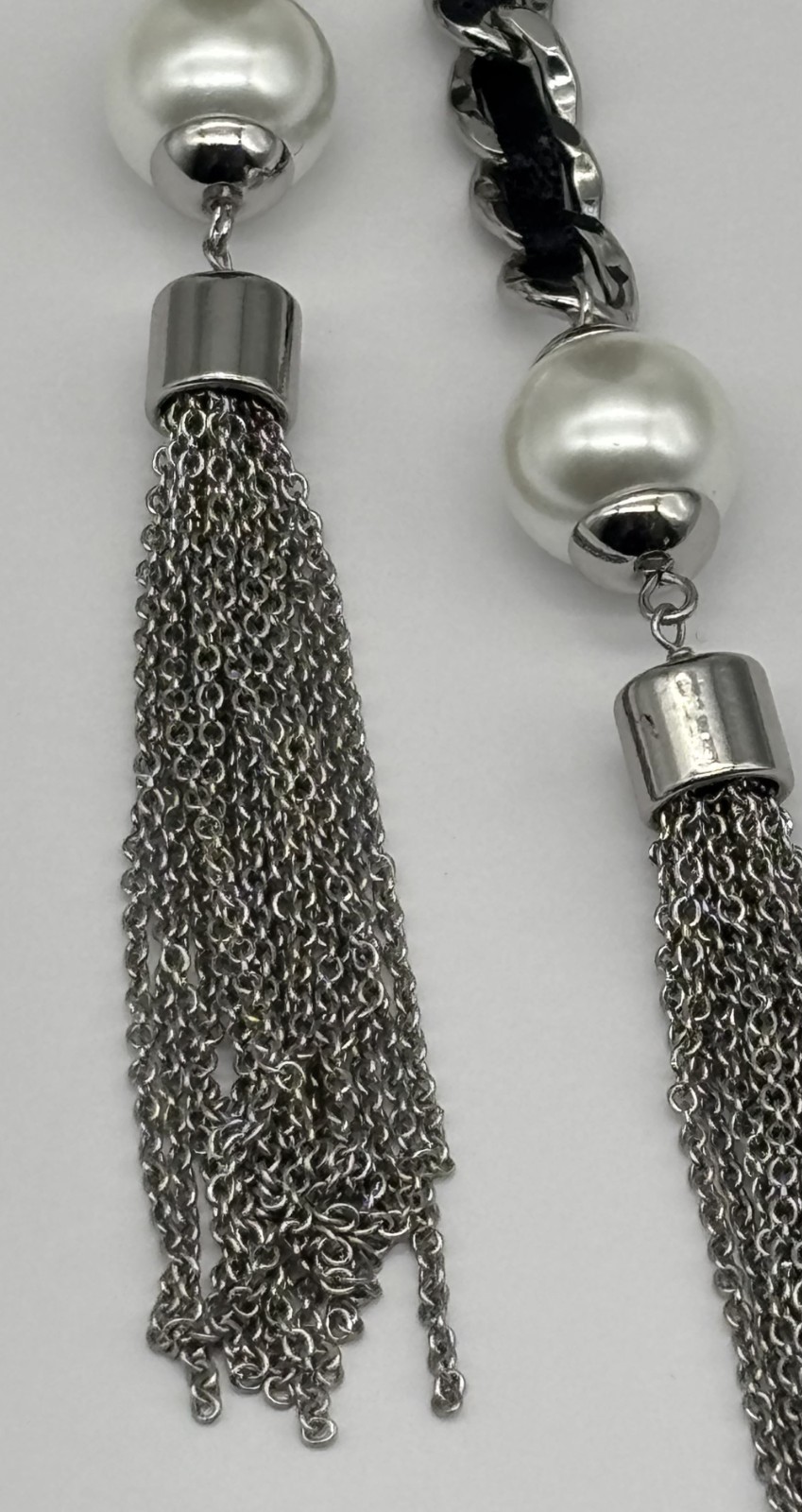 White House Black Market Silver-Tone Links W/Black Ribbon Double Tassel Necklace