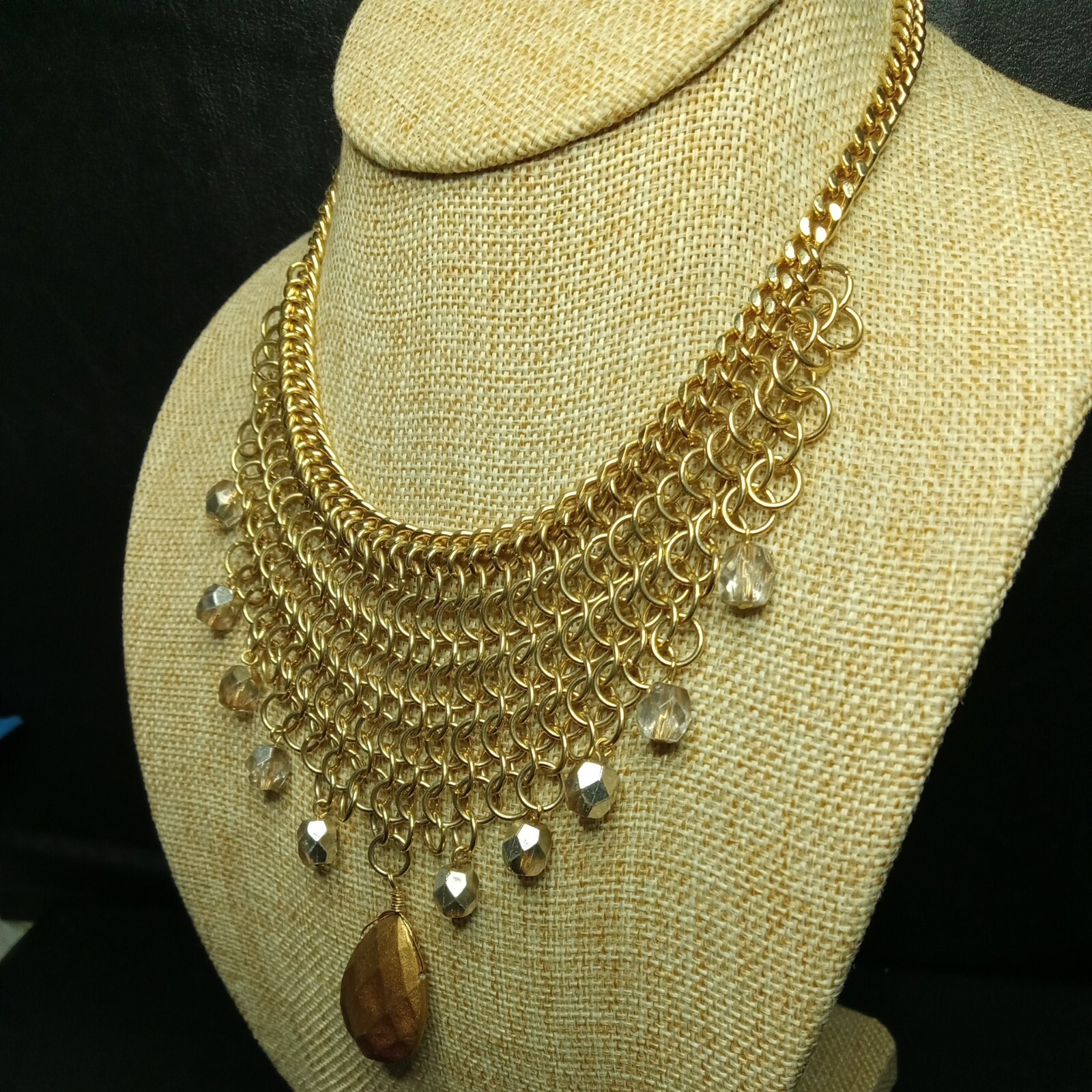 BISOU BISOU Bib Mash Necklace Whit Dangle Beads Silver Tone. 5869