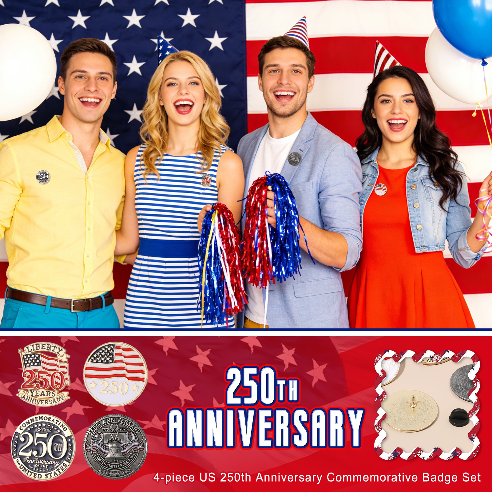 4pcs US 250th Anniversary Metal Enamel Emblem Brooches Set Unisex Patriotic Pins