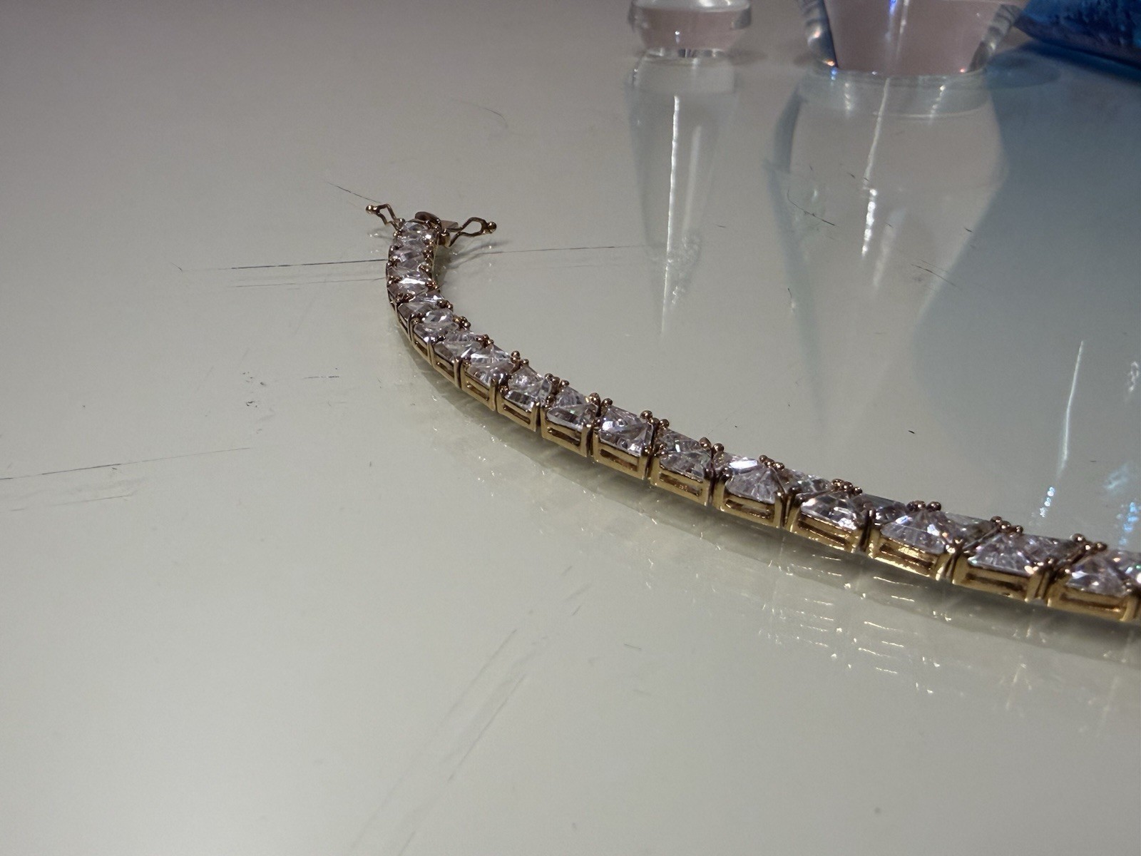 18k Gold Plate 925 Sterling Silver 30g Trillion Cut CZ Triangle TENNIS BRACELET