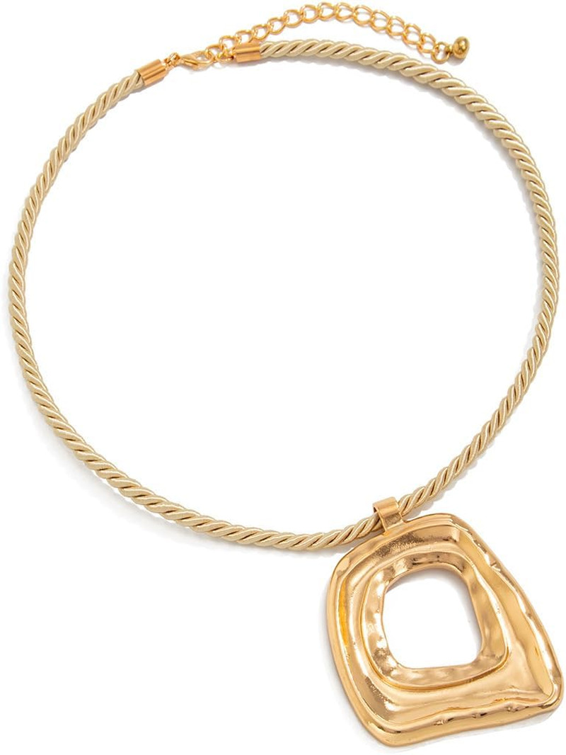 Statement Modern Geometric Hollow Square Pendant Rope Chain Necklace for Women B