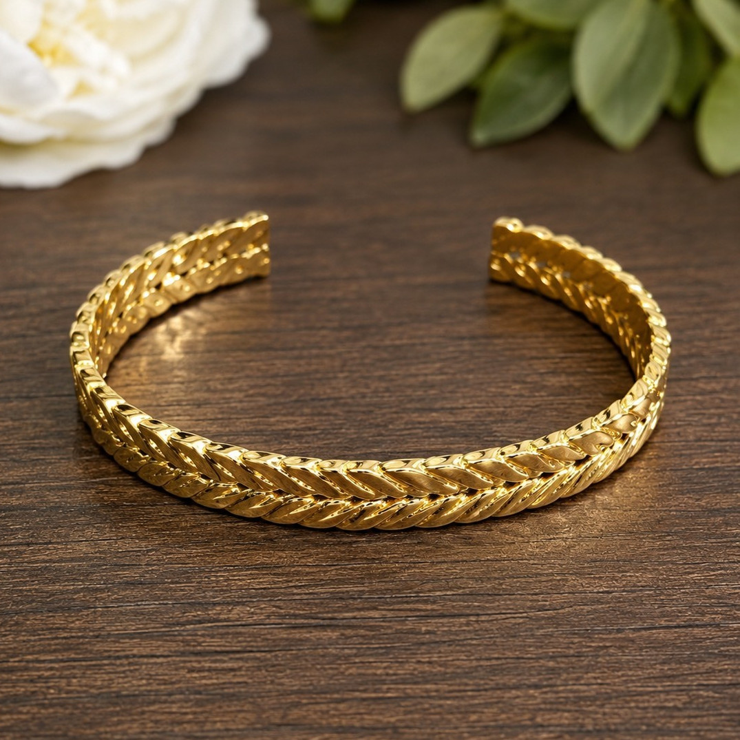 Gold Tone Textured Leaf Pattern Open Cuff Bracelet