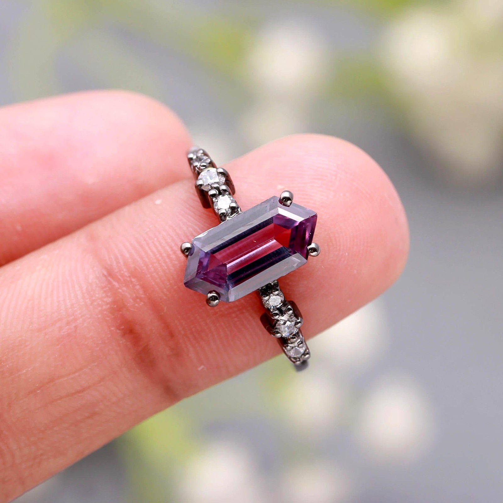 Alexandrite Hexagon Color Changing Ring 925 Sterling Silver Oxidized Jewelry