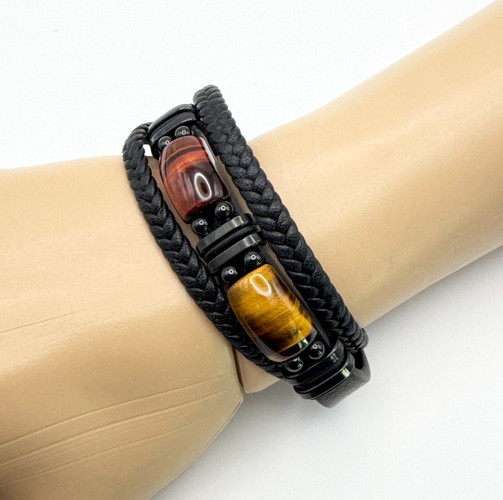 Black Braided Leather Bracelet Tiger Eye Stone Casual Earthy Boho 7 Inch