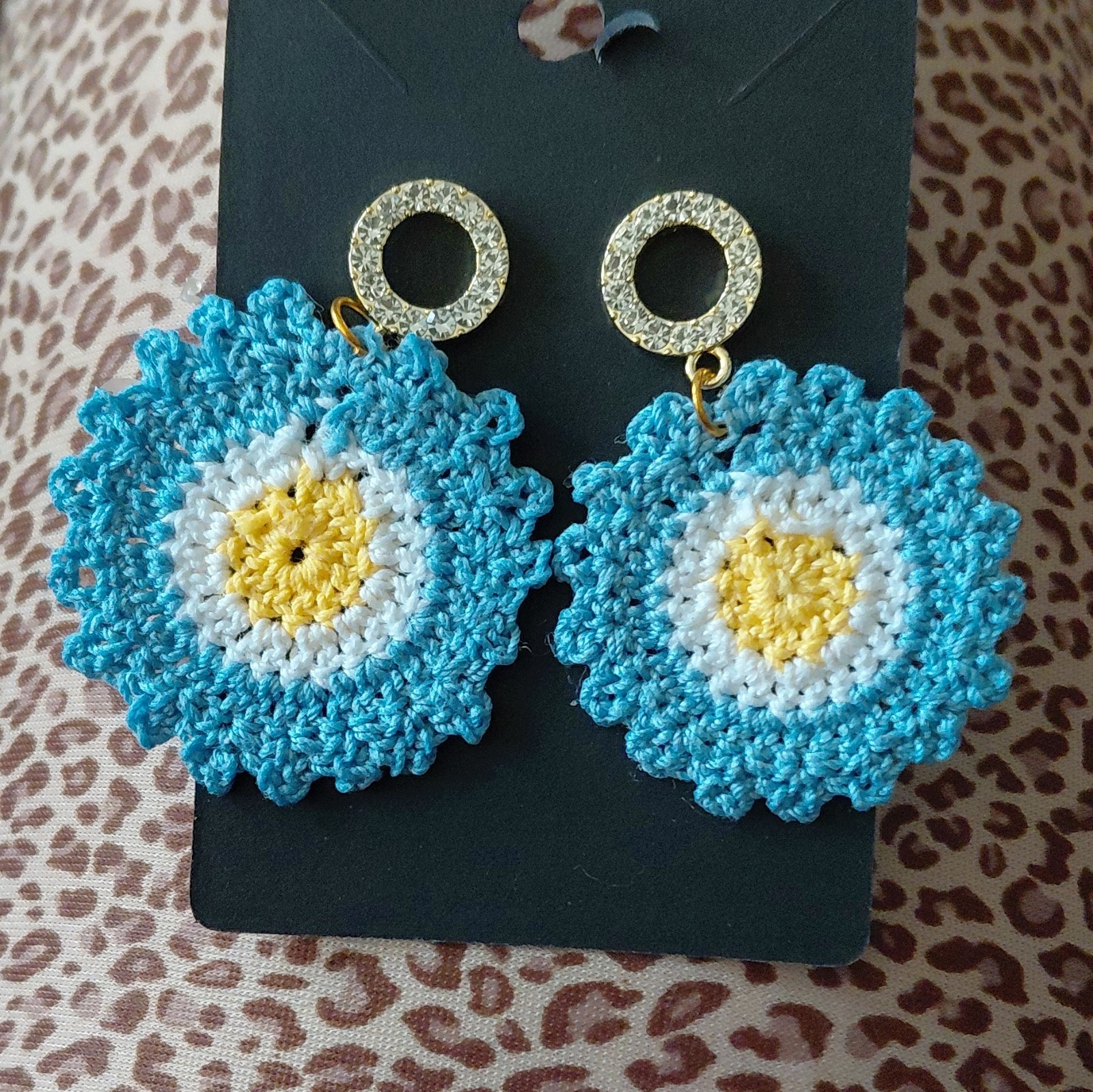 Handmade Crochet Flower Dangle/Drop Earrings Blue White Yellow Butterfly Back