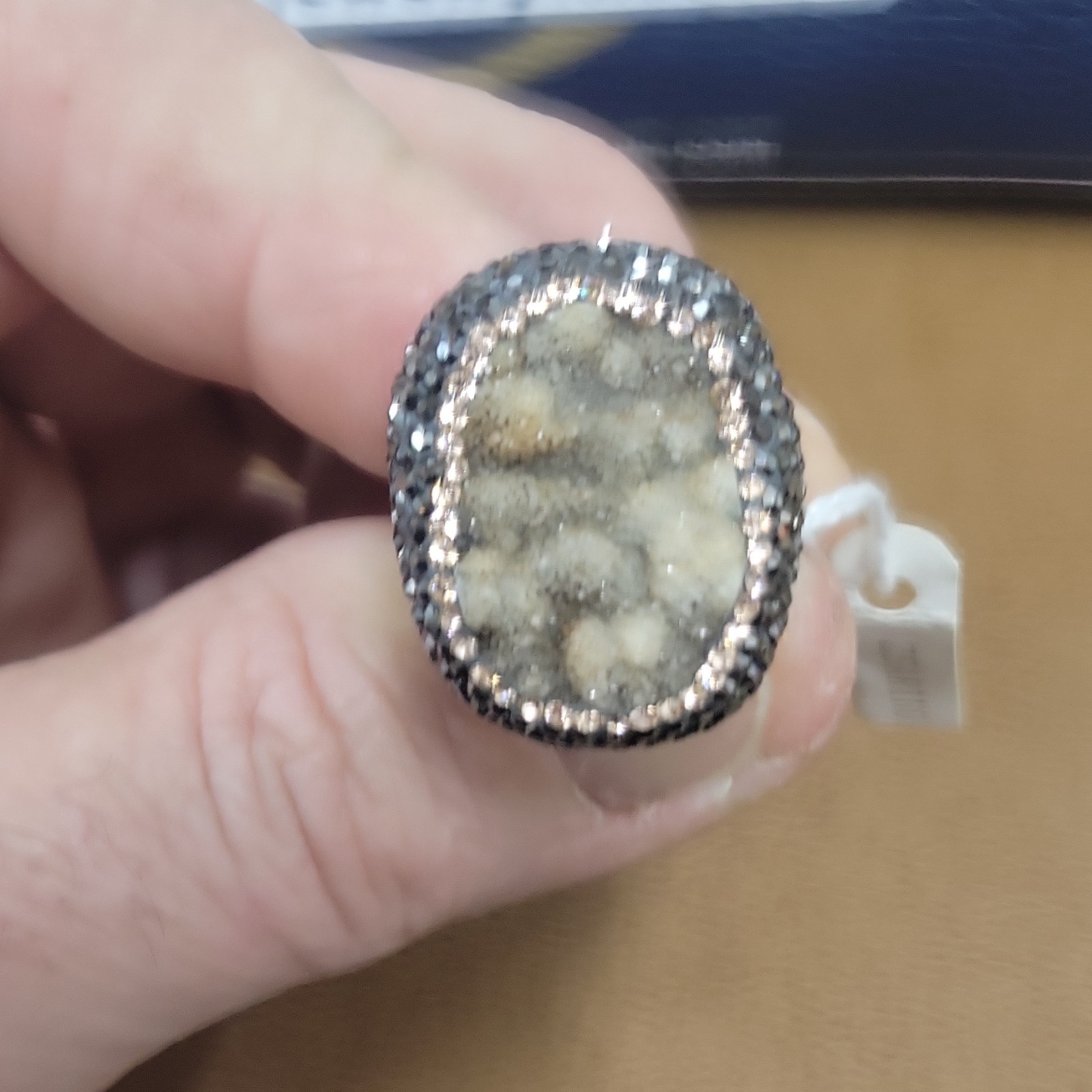 Silver Cocktail Ring Oval Drusy Quartz Beige Stone Fashion Jewelry