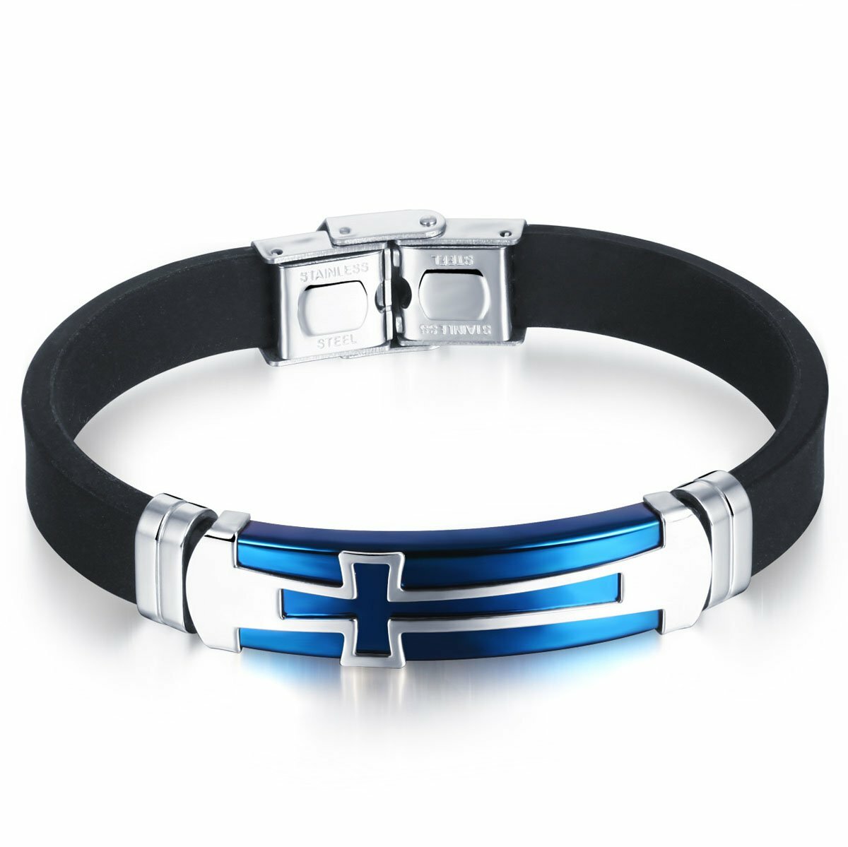 MENDEL Mens 8 Inch Stainless Steel Christian Silicone Cross Bracelet Wristband