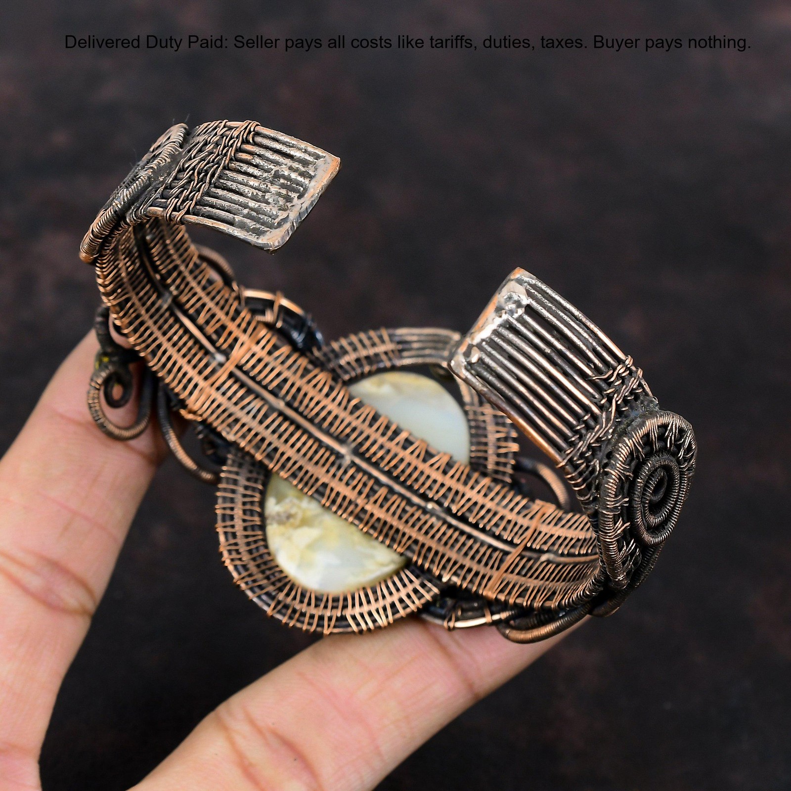 Oval Plume Agate Stone Copper Unique Wedding Wire Wrapped Ethnic Daughter Bangle