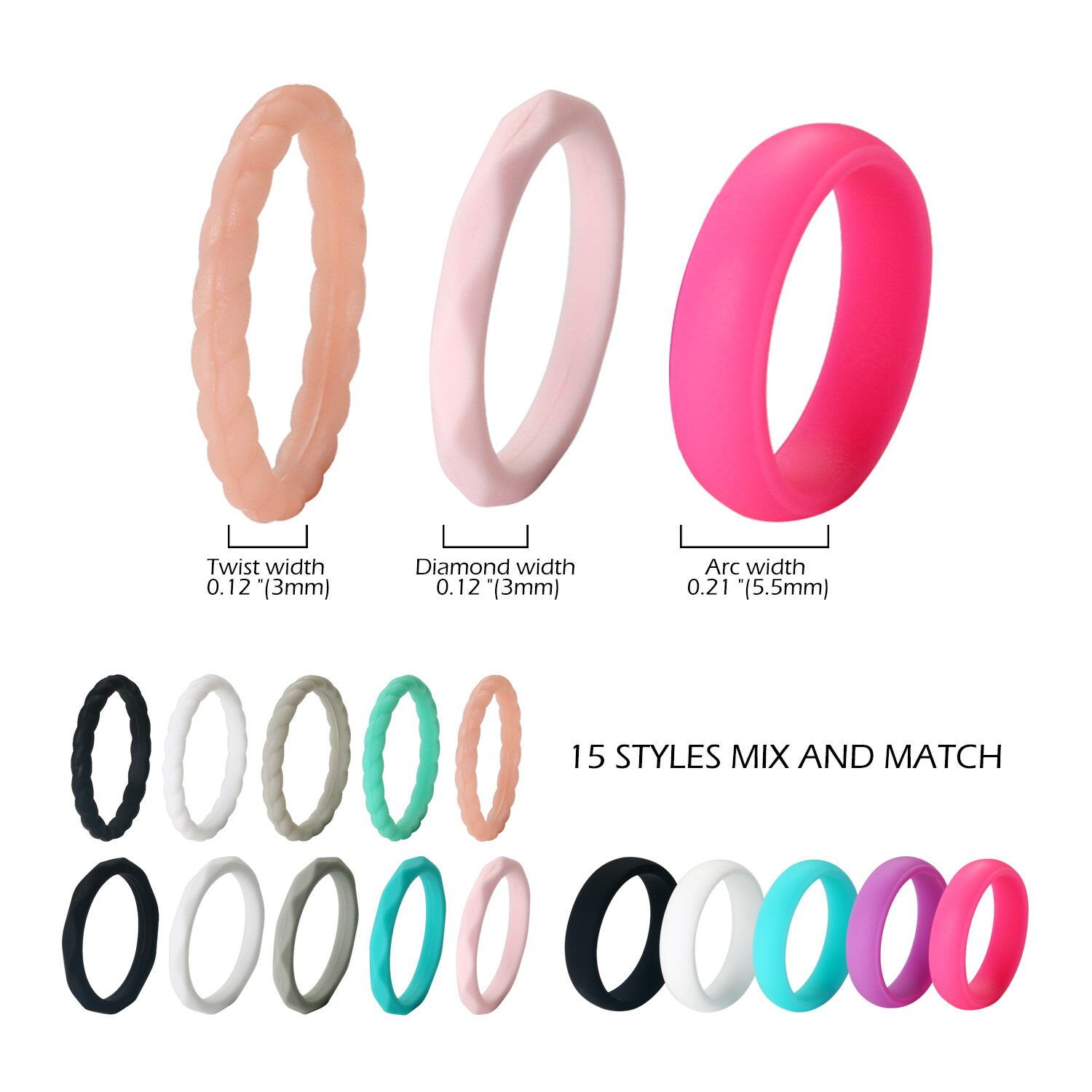 15pcs Silicone Wedding Ring for Women Thin Stackable Rubber Sports Bands #4-10