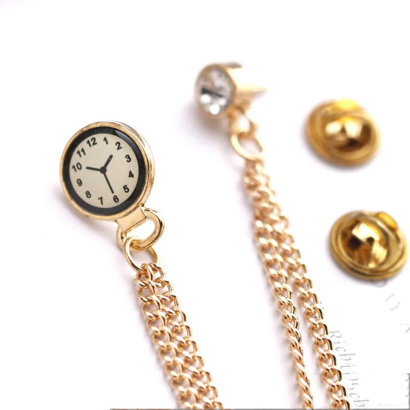 Men’s Vintage Clock Chain Brooch Gold Punk Pin Badge Suit Lapel Jewelry Gift
