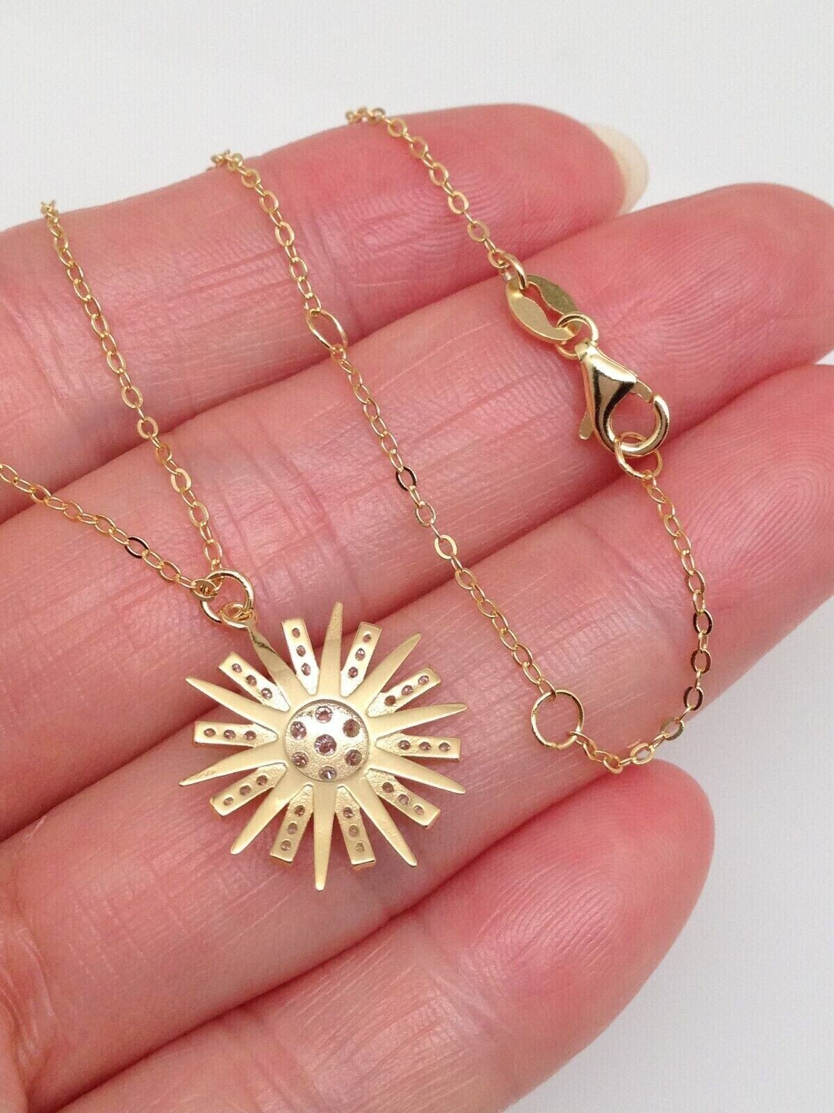 925 Sterling Silver CZ Gold Sunburst Sun Pendant Necklace Women 15mm 16-18″ Tiny