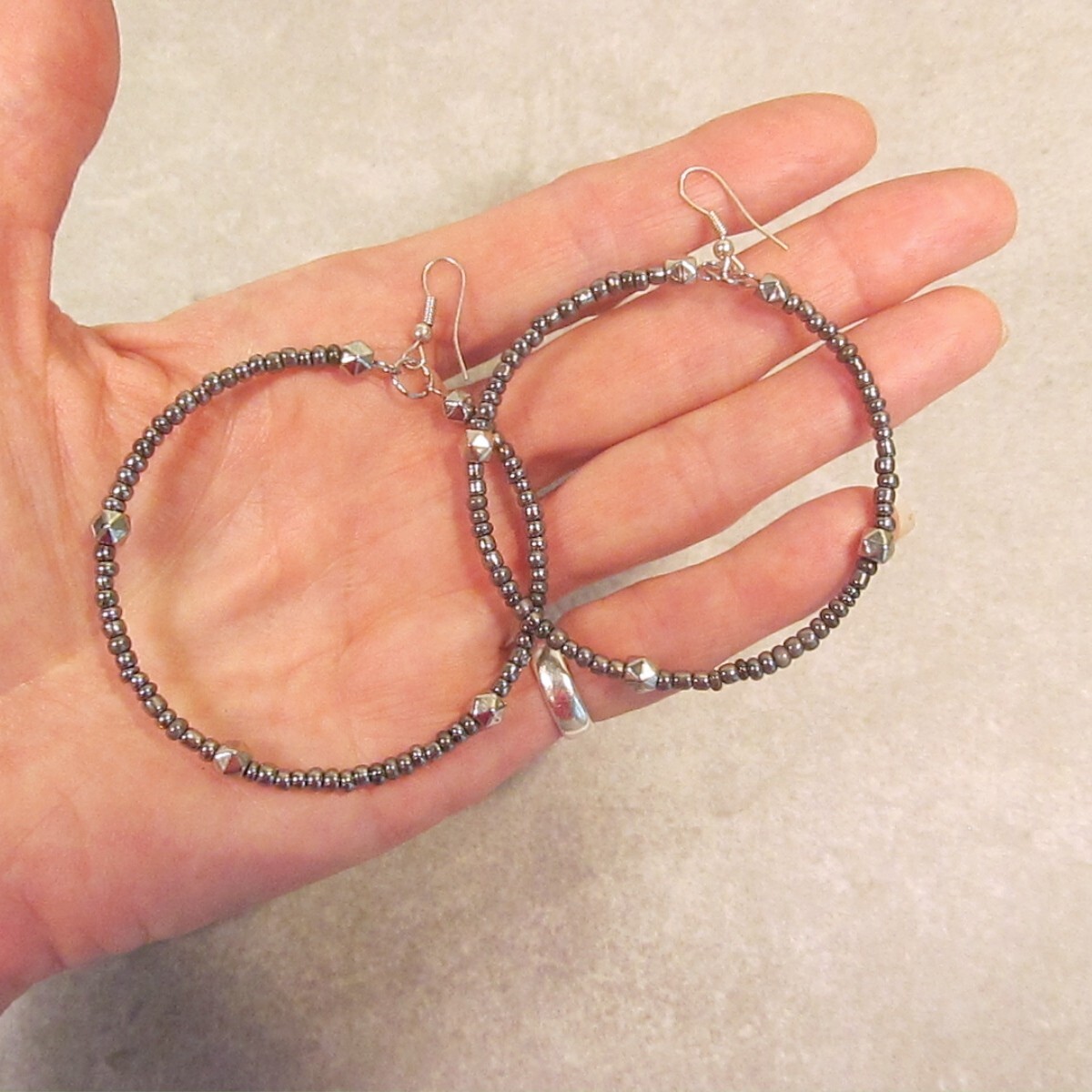 2″ Shiny Silver Color Hoop Bohemian Bling Handmade Bali Seed Bead Earrings