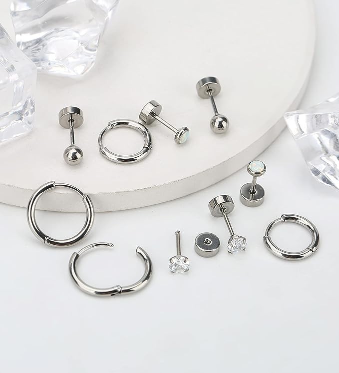 6mm-10mm Surgical Steel Huggie Hoop Earrings Flat Back Stud Set Piercing Jewelry