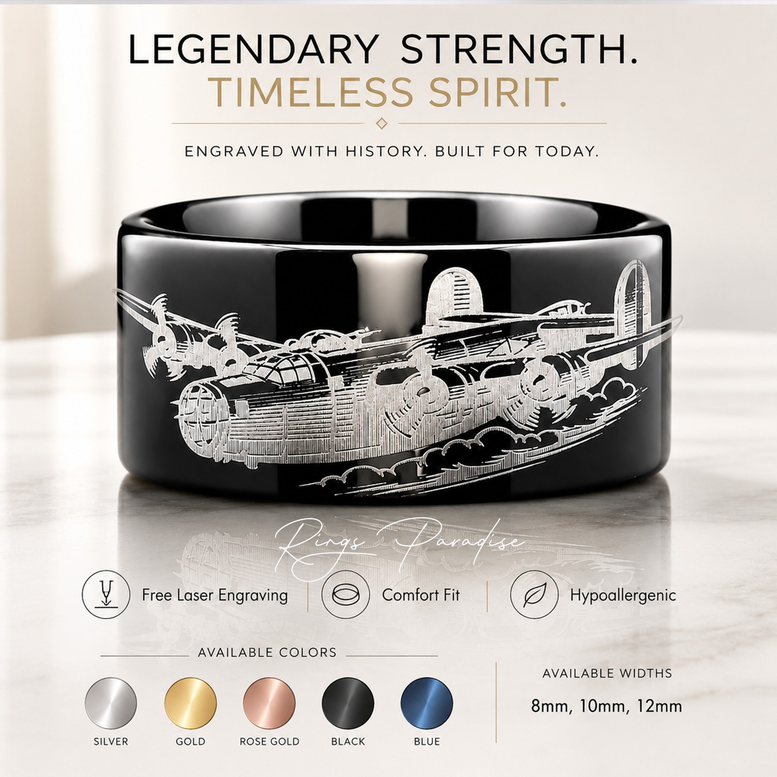B-24 Airplane Tungsten Wedding Band with WWII Aviation Engraving – 8mm 10mm 12mm