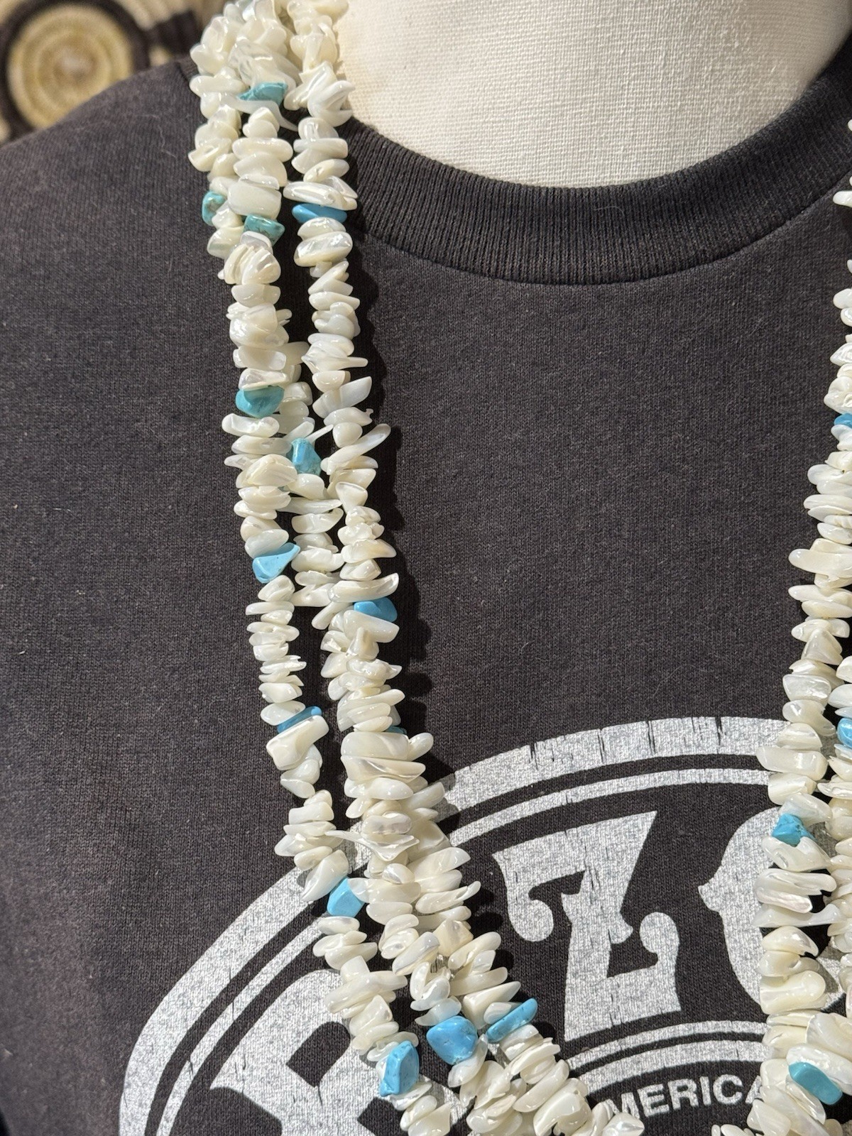 Gary Tsosie Navajo 3 Strand Mother of Pearl Shell & Turquoise Necklace