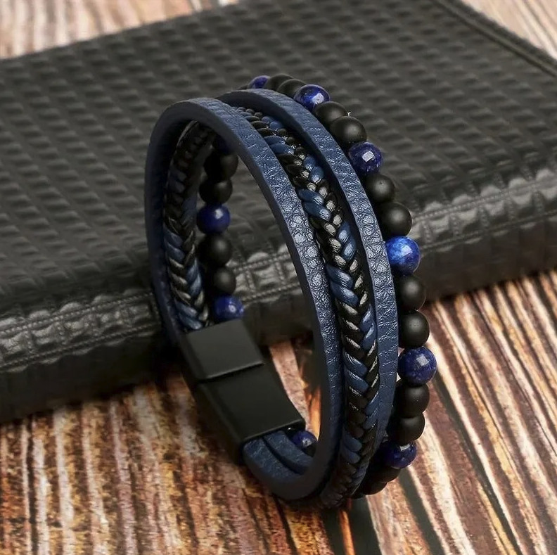 1pc Men Leather Tiger Eye Beaded Bracelet Multi Layer Wrap Style – NEW
