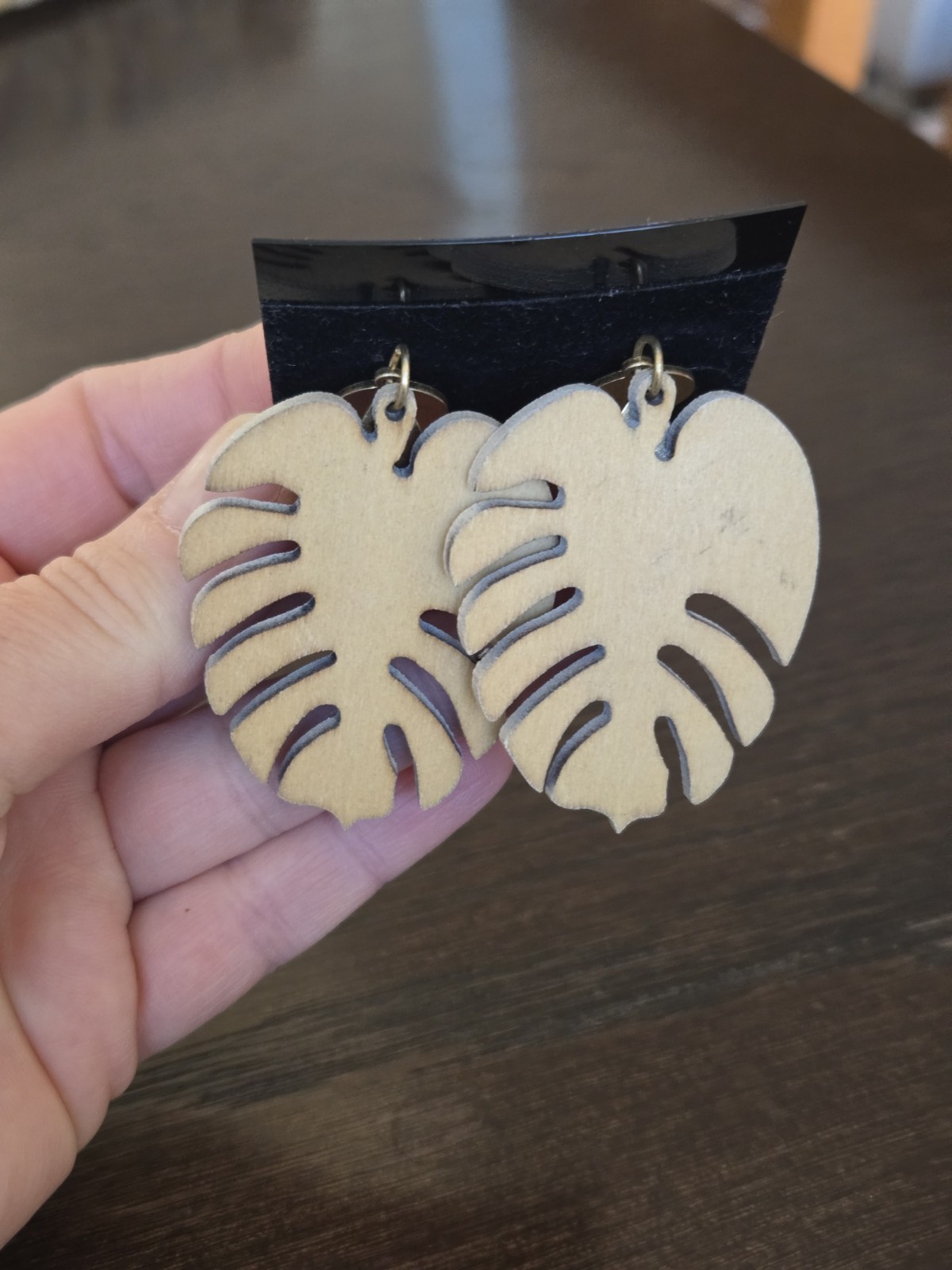 NEW Monstera Leaf Dangle Drop Earrings Gold Accents Pink Gray Laser Cut Wood