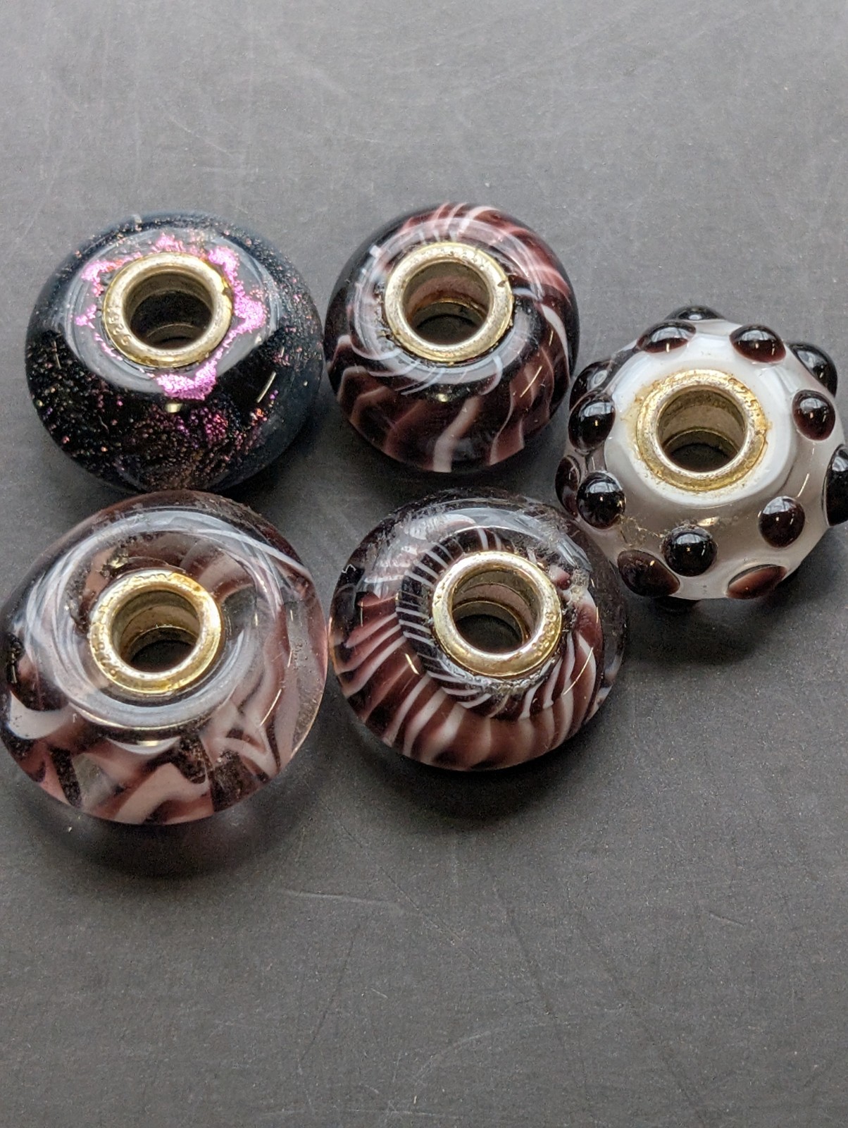 5 Purple And Whit big hole european glass beads silver Core Charm #3