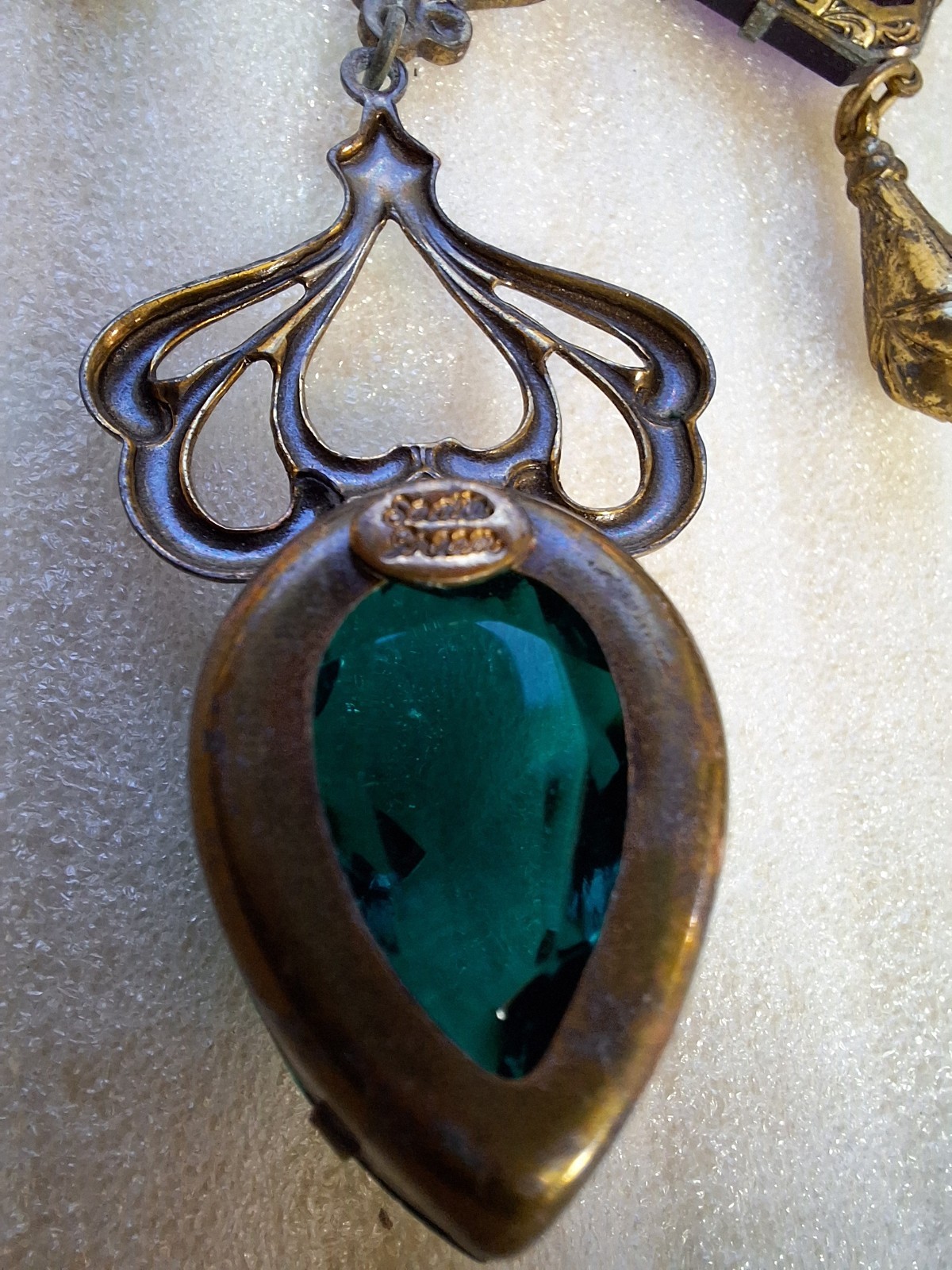 Sadie Green signed art nouveau statement necklace green & purple glass