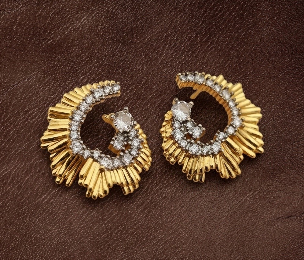 Art Deco Hoop Earrings Gold Solanales Molten Sunburst Boho Fan CZ Sculptural VTG