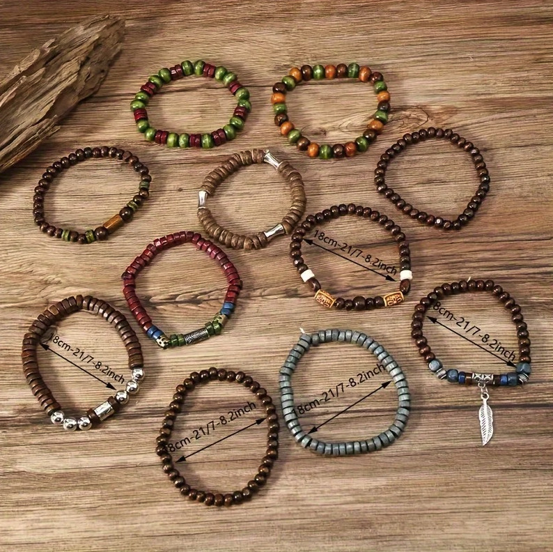 10pcs Vintage Boho Men’s Wooden Bracelets Leaf Style Wristwear Set – NEW