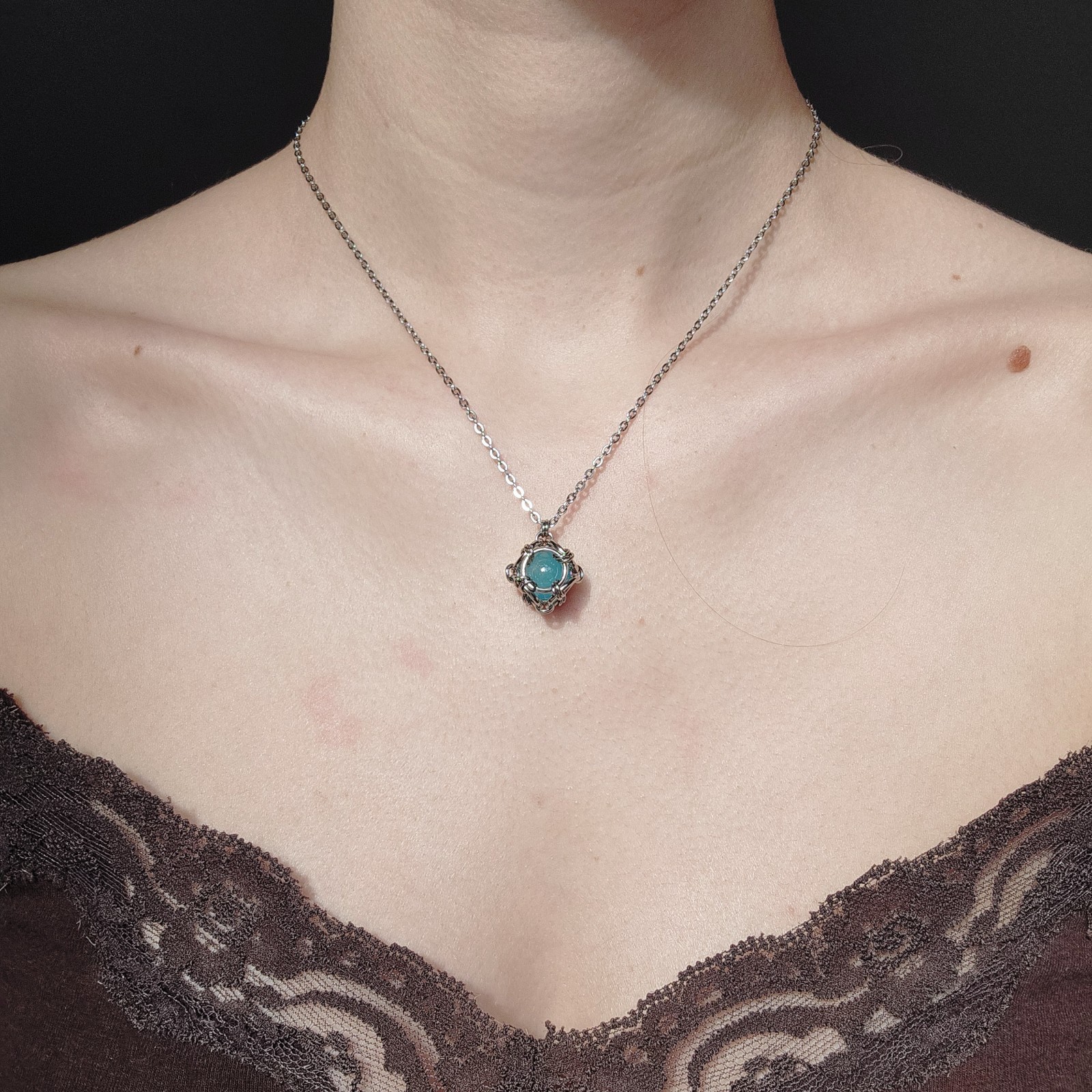 Aqua blue and silver necklace made of stainless steel for women
