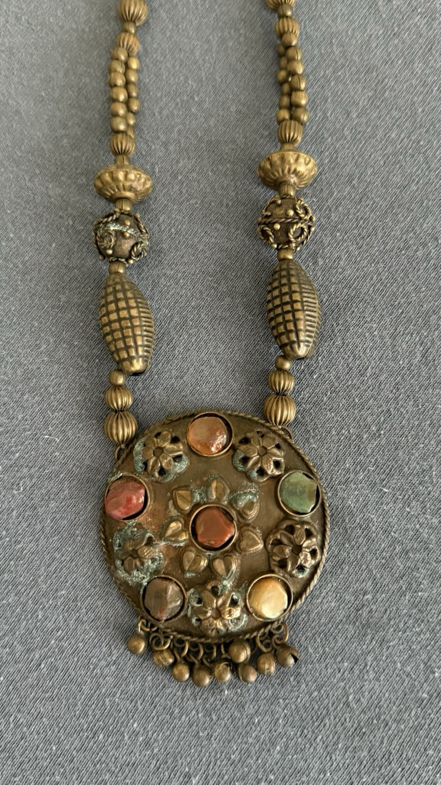 Gold Tone Boho Beaded Ball Chain Necklace Round Medallion Bezel Multicolor