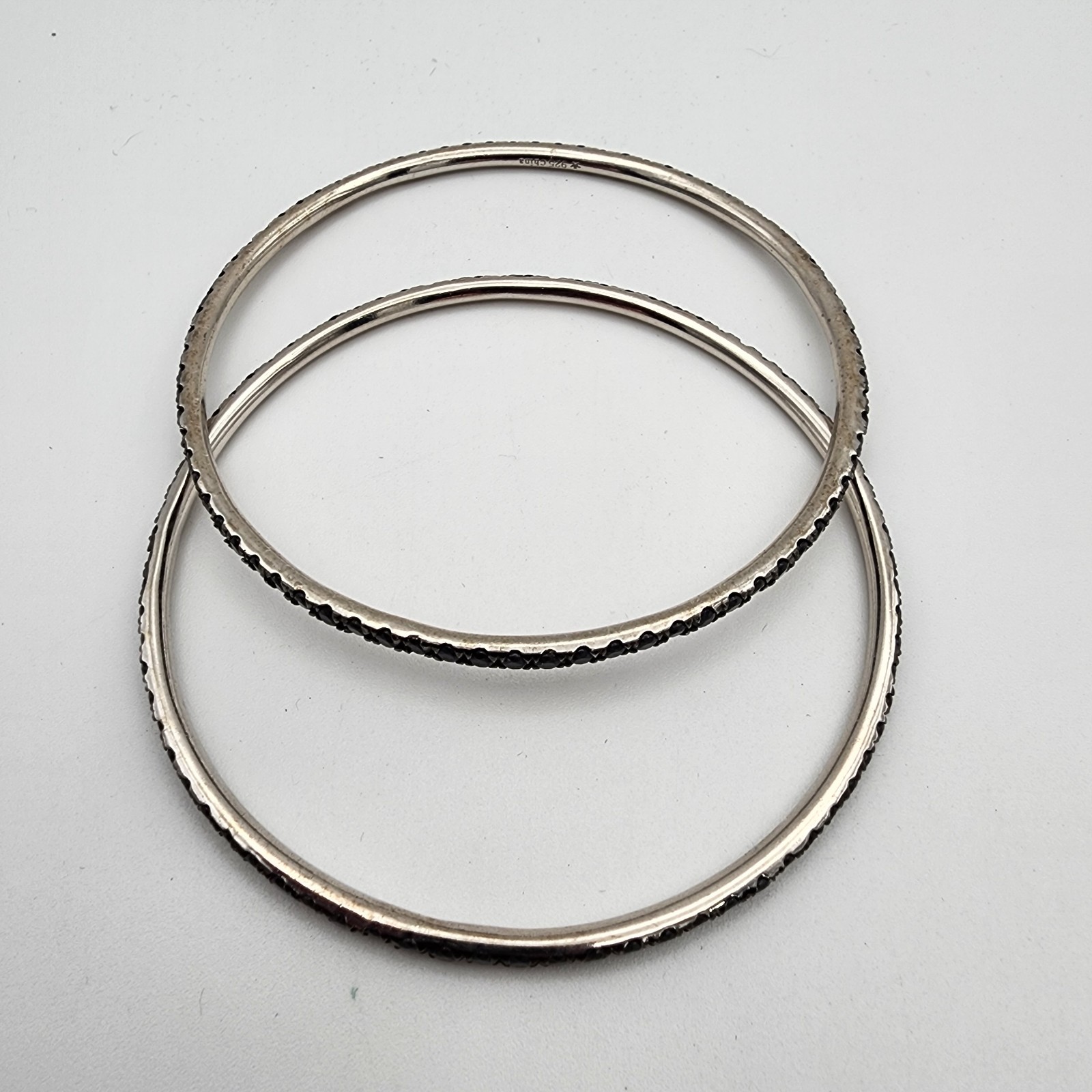 925 Sterling Silver Black Spinel Sapphire Eternity Bangle Bracelet Pair Stack 8