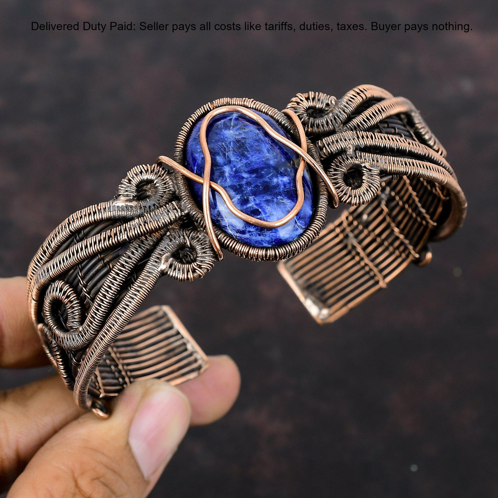 Oval Third Eye Chakra Sodalite Gemstone Boho Wire Wrapped Bangle Jewelry Copper