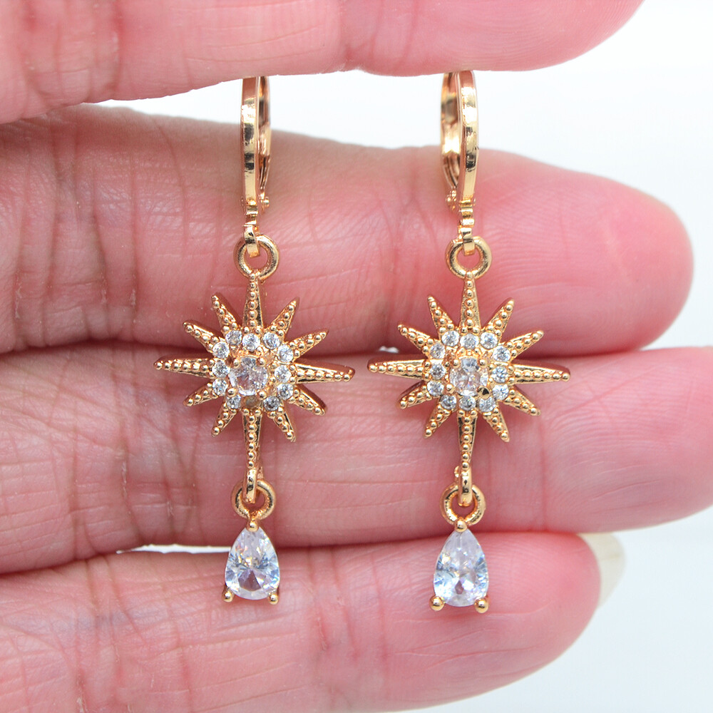 18K Yellow Gold Filled Women Fashion Lake Blue Topaz Star Dangle Earrings
