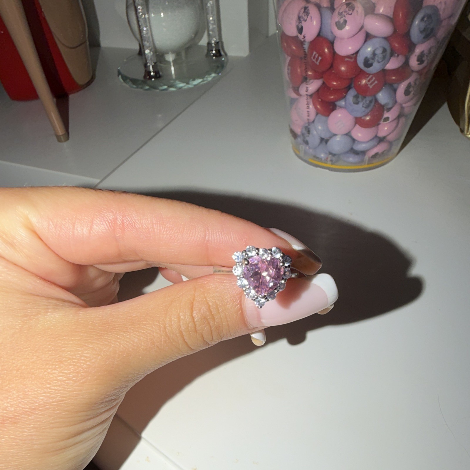 Silver Tone Pink Heart Stone Halo Prong Set Cocktail Ring Size 7
