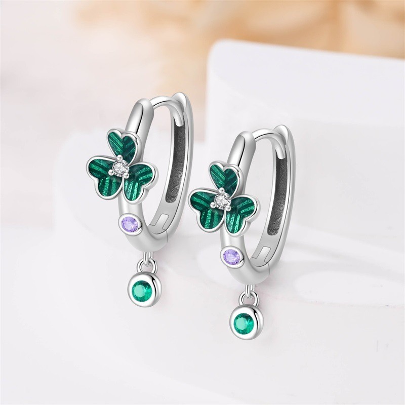 KUNSIR 925 Sterling Silver Lucky Clover Huggie Hoop Earrings For Women Jewellry