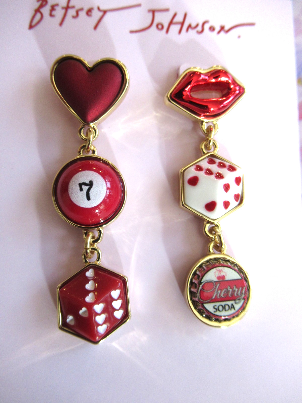 Betsey Johnson Authentic Red Lucky Dice Cherry Soda Hearts Drop Earrings NWT