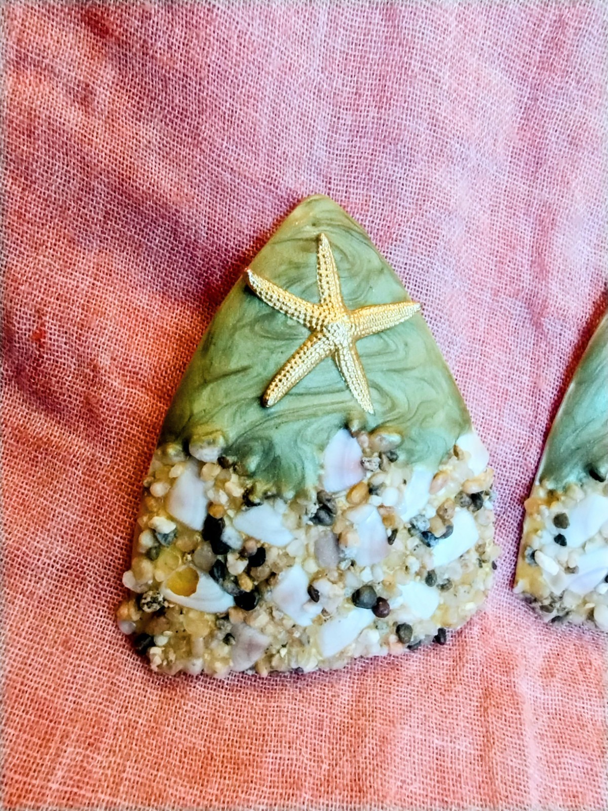 Vintage 1980s 80s Artisan Green Triangle Earrings Gold Starfish Pebble Beach