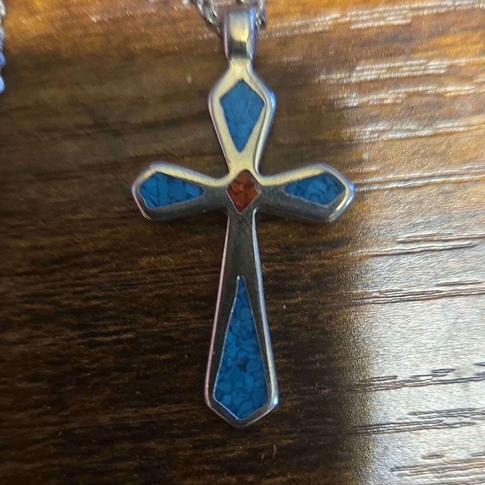 Silver and Turquoise w/ Chain Cross Pendant Necklace – Blue Inlay, 5 Gemstones