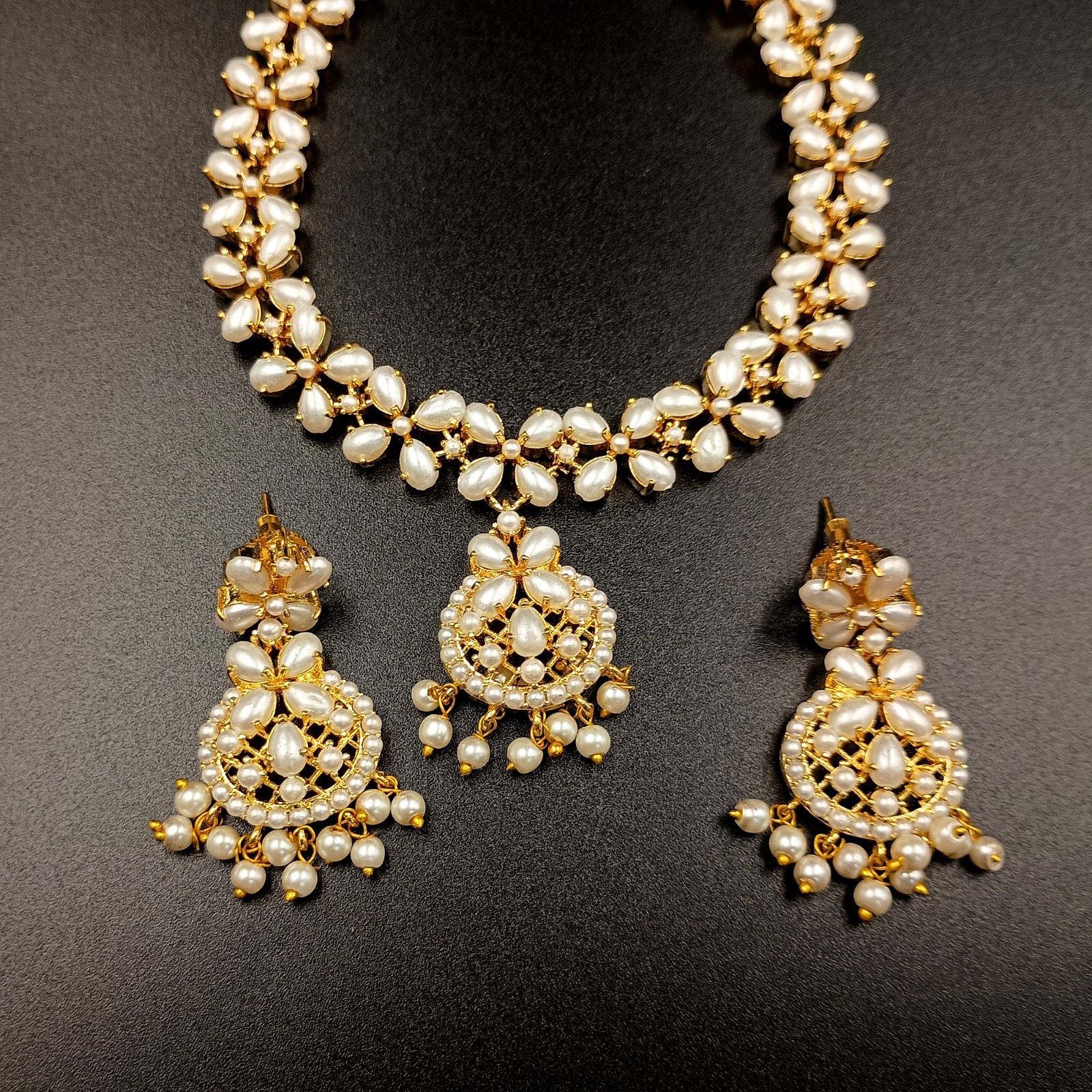 Vintage White Pearl Necklace Set 22K Gold Plated Chain Earrings Bridal Gift