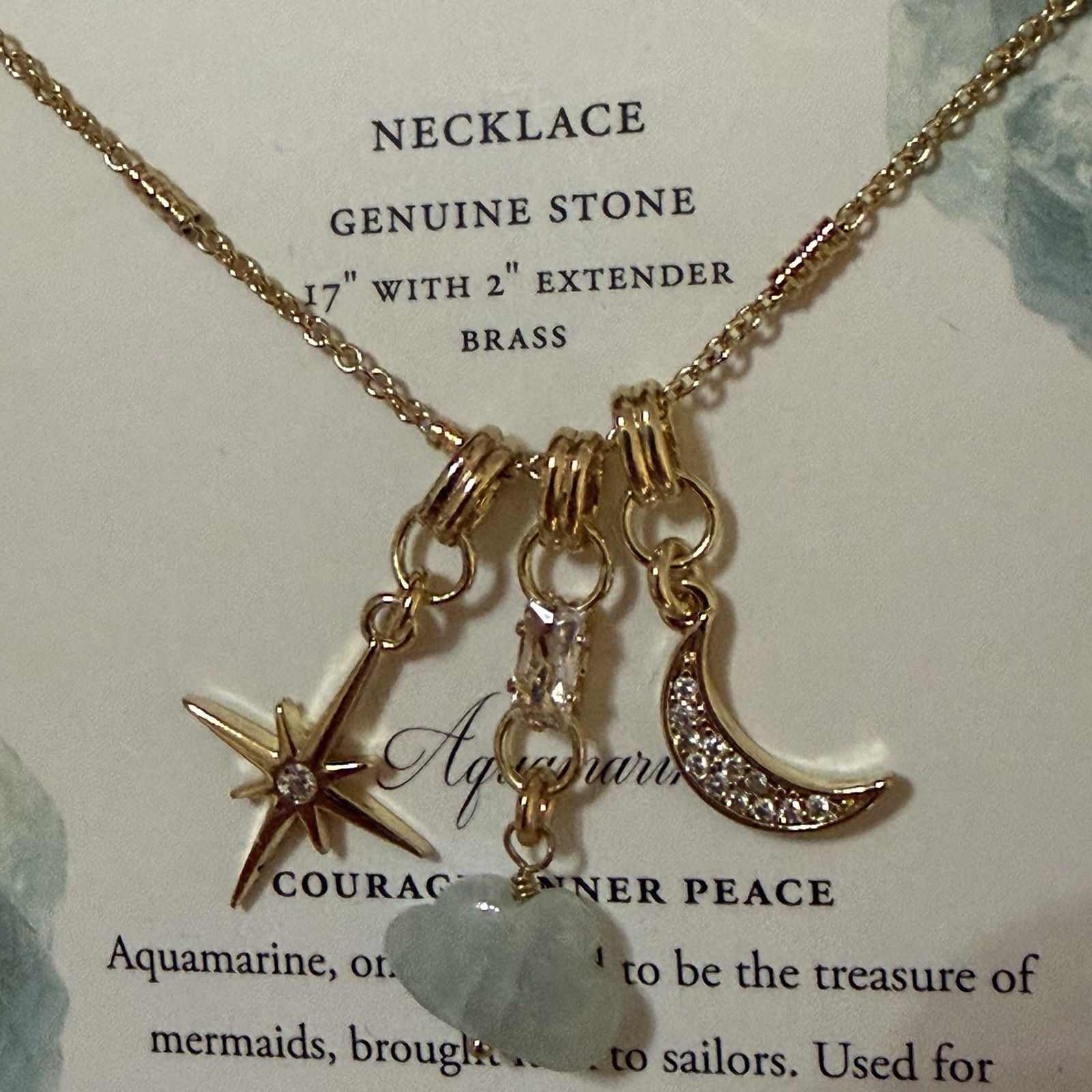 Luna C Norte Necklace Brass Genuine Stone 3 Pendant Star Moon And Aquamarine