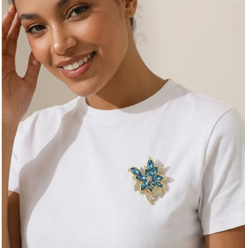 Sparkling Blue Petal Flower Brooch Pin Gold Alloy Rhinestone Crystal Accessory