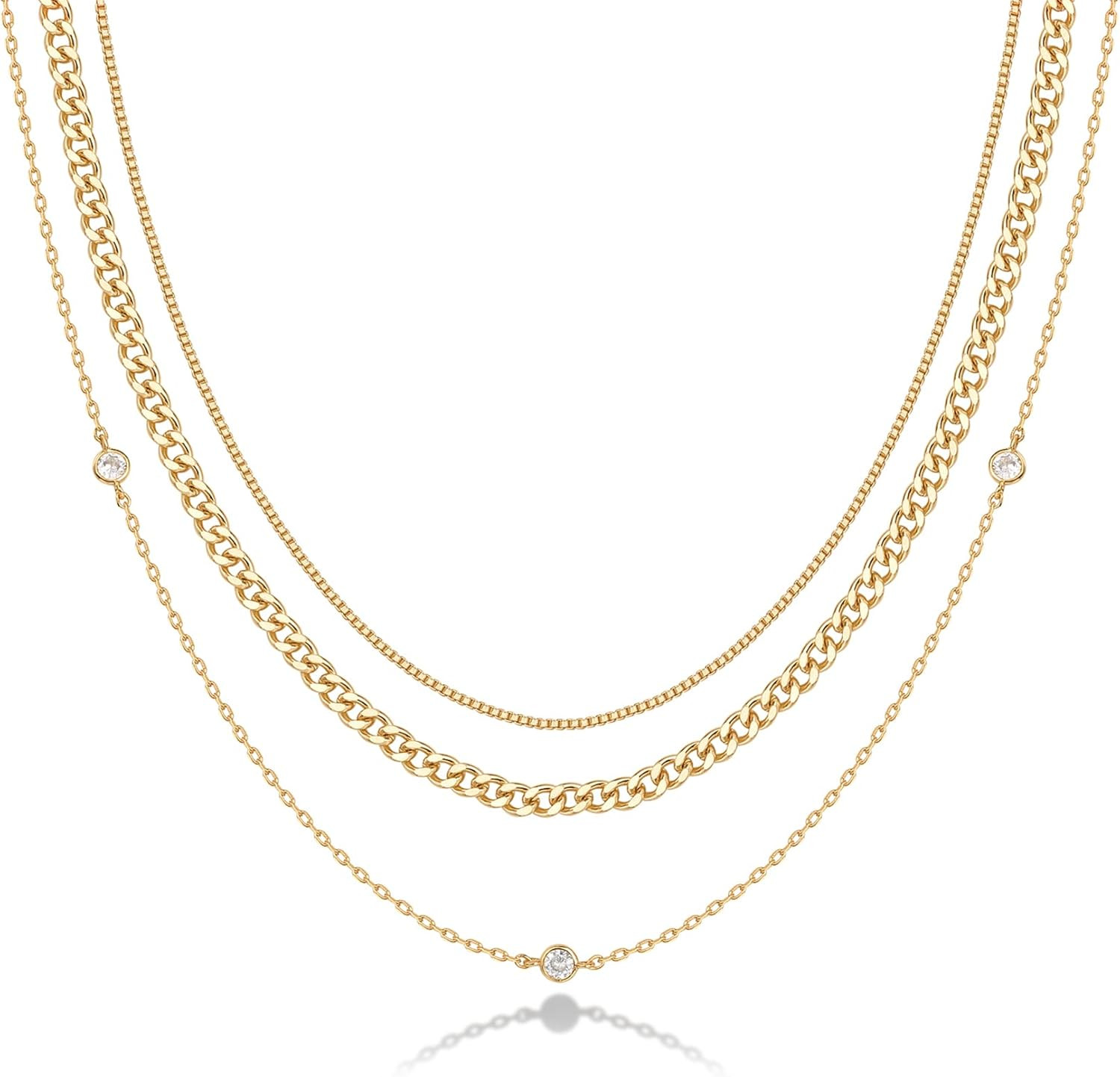 14K Gold Plated Dainty Layering Necklaces for Women | Snake Chain, Curb Link, Pa