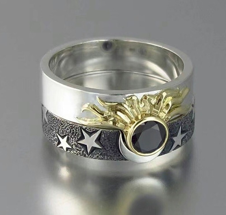 New Sun Moon Star 2Pcs Mens Womens Silver Ring