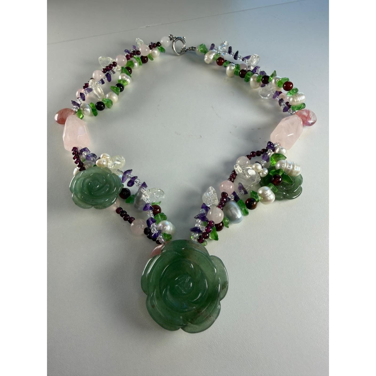 Green Aventurine Carved Rose Gemstone Pearl Multi-Strand Statement Necklace Boho