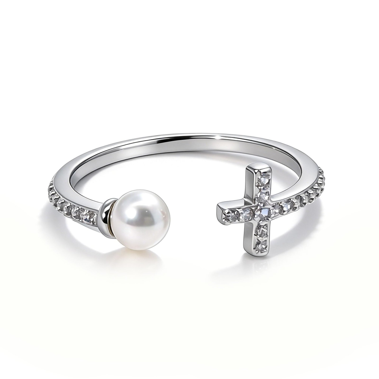 18K Gold Cross & Pearl Promise Ring – Adjustable, Stackable Gift for Her